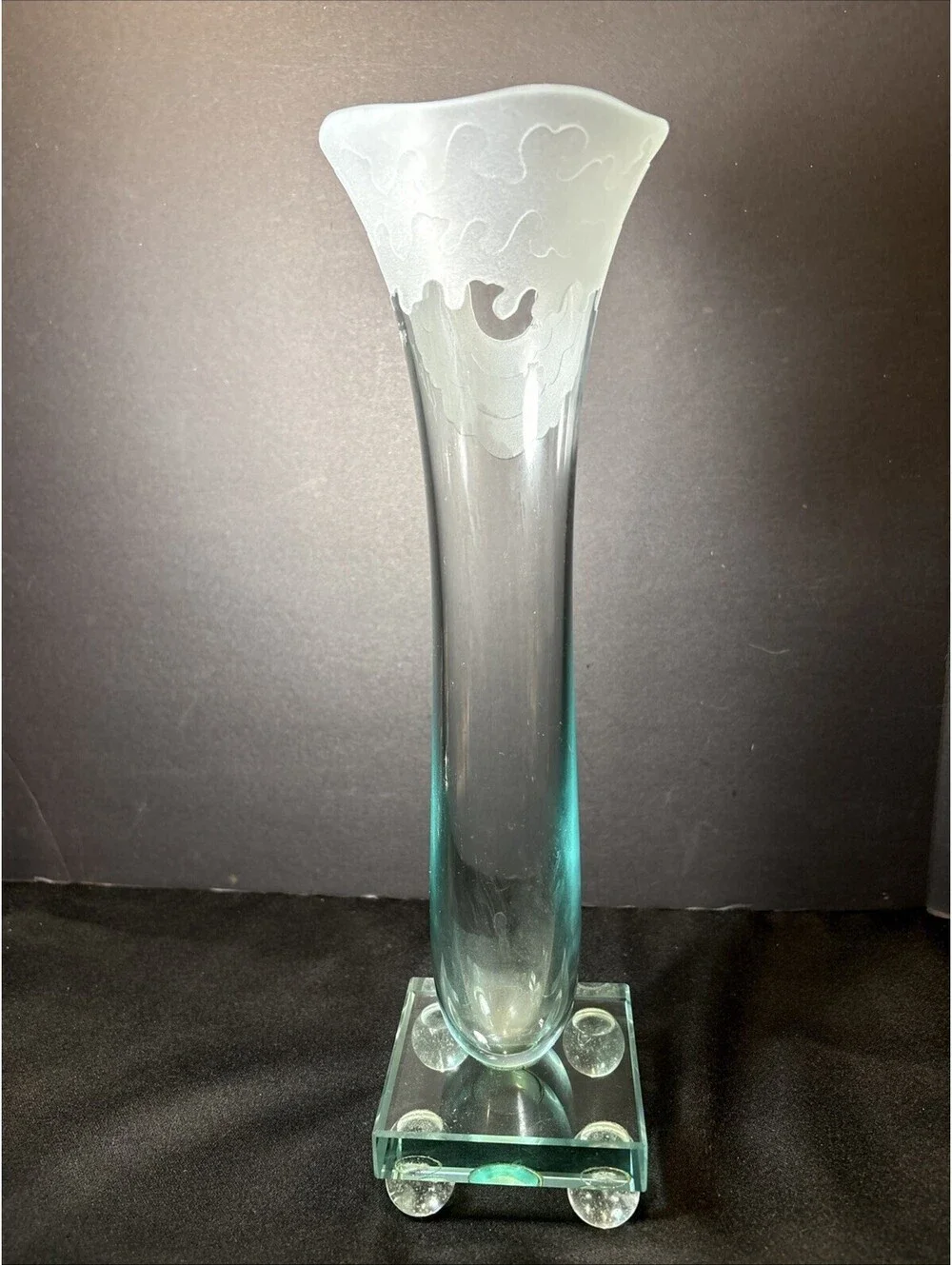 VTG Salvatore Polizzi Signed Aqua Glass Vase Frosted Ruffled Top Art Deco 13.5”